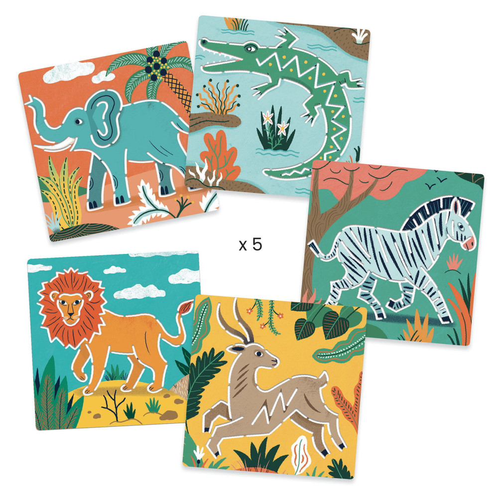 Stencils for drawing - Djeco - Wild animals, 5 pcs