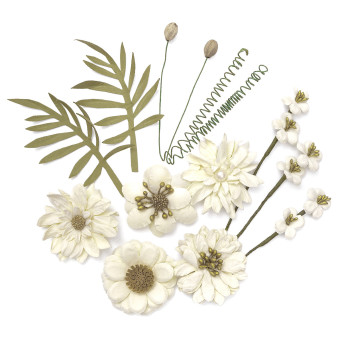 Paper flowers with leaves - DpCraft - cream, 12 pcs