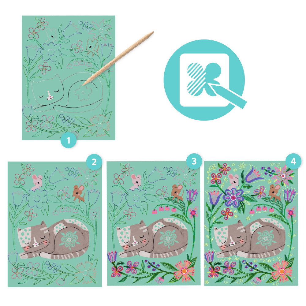 Scratch boards for children - Djeco - Animal meetings, 4 sheets