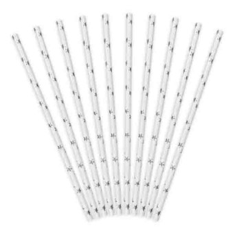 Paper straws with stars - silver, 19,5 cm, 10 pcs