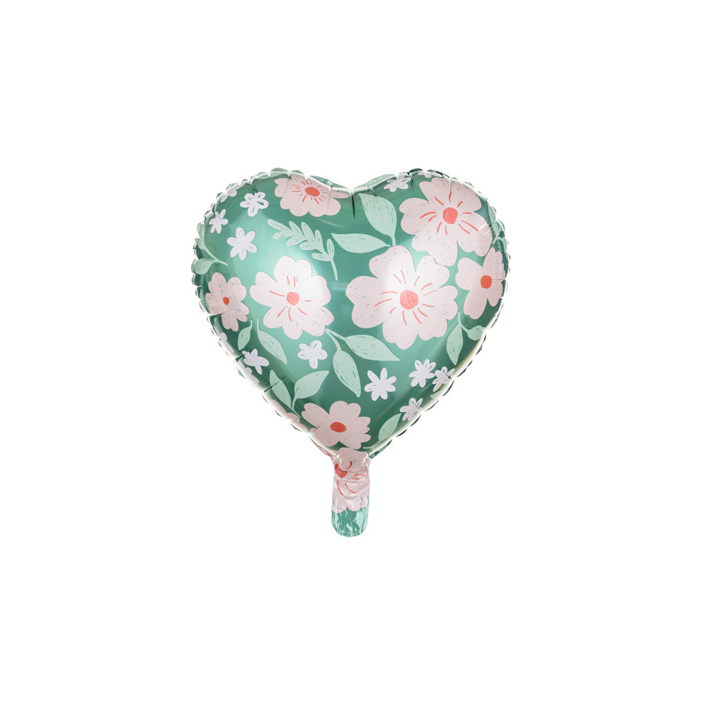 Foil balloon Heart with flowers - green, 35 cm
