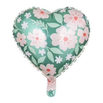 Foil balloon Heart with flowers - green, 35 cm