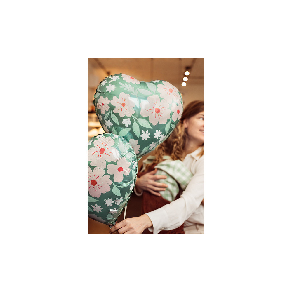 Foil balloon Heart with flowers - green, 35 cm