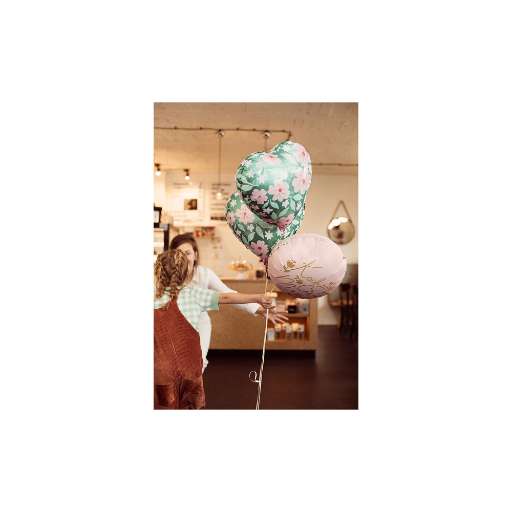Foil balloon Heart with flowers - green, 35 cm