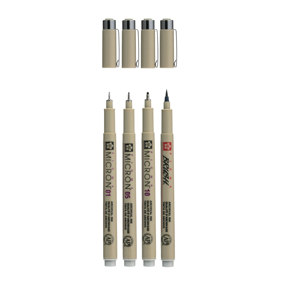 Set of Pigma Micron Fineliners and brush pens - Sakura - Light Cool Gray, 4 pcs.