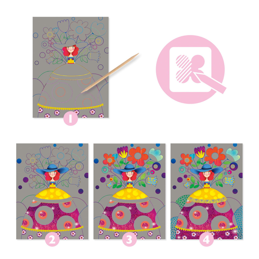 Scratch boards for children - Djeco - The beauties' ball, 4 sheets