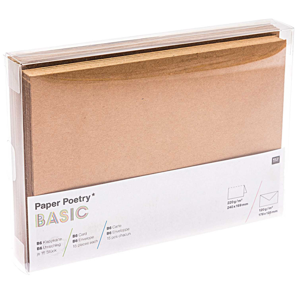 Set of folded cards and envelopes - Paper Poetry - Kraftpa, B6, 15 pcs.