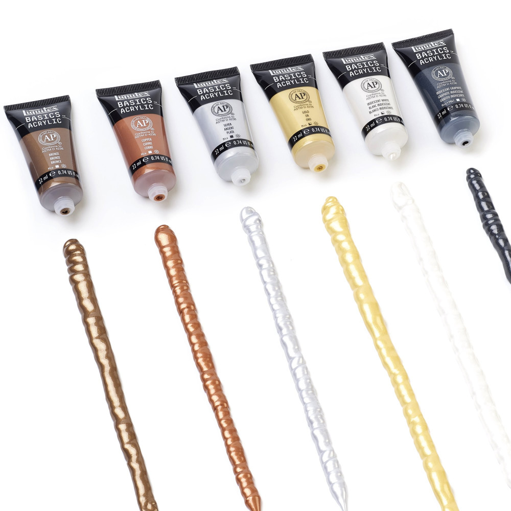 Zestaw farb akrylowych Basics Acrylic Metallics & Iridescents - Liquitex - 6 kolorów x 22 ml