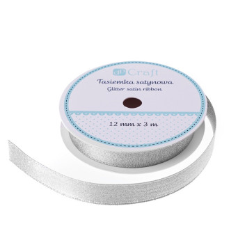 Tasiemka satynowa z brokatem - DpCraft - srebrna, 12 mm x 3 m