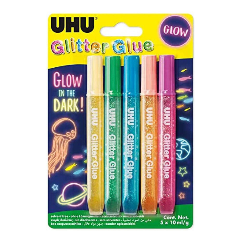 Brokat w kleju świecący w ciemności - UHU - 5 kolorów x 10 ml