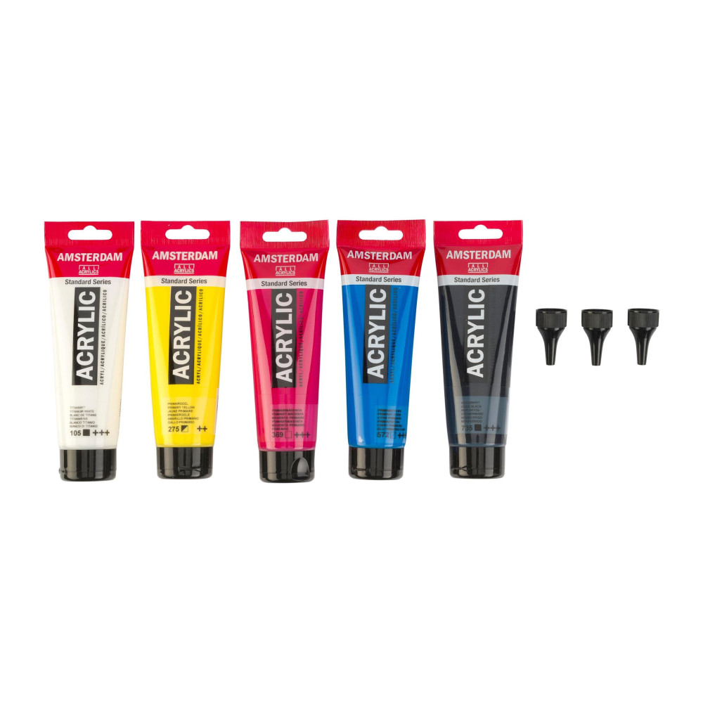 Set of acrylic paints with 3 noozles, Primary - Amsterdam - 5 colors x 120 ml