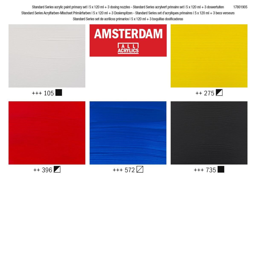 Set of acrylic paints with 3 noozles, Primary - Amsterdam - 5 colors x 120 ml