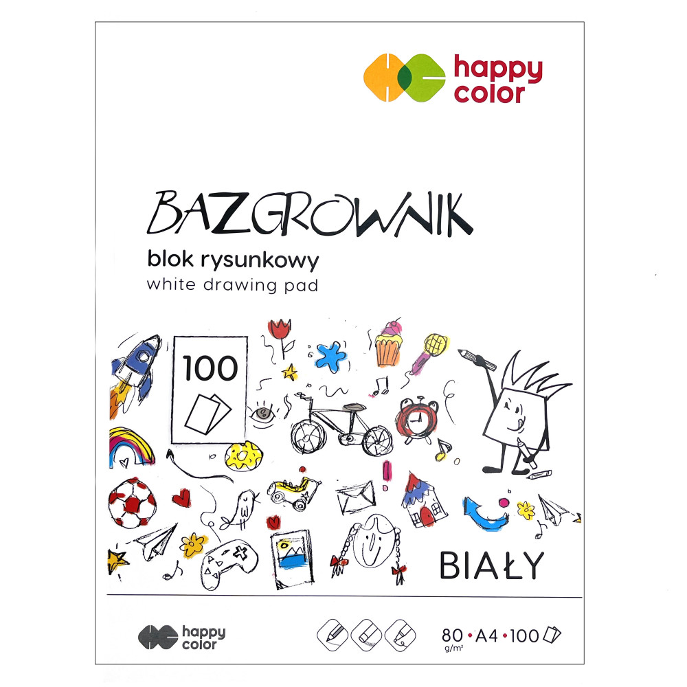 Blok rysunkowy, bazgrownik A4 - Happy Color - biały, 80 g, 100 ark.