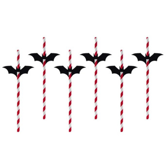 Bat paper straws - red and white, 19,5 cm, 6 pcs.