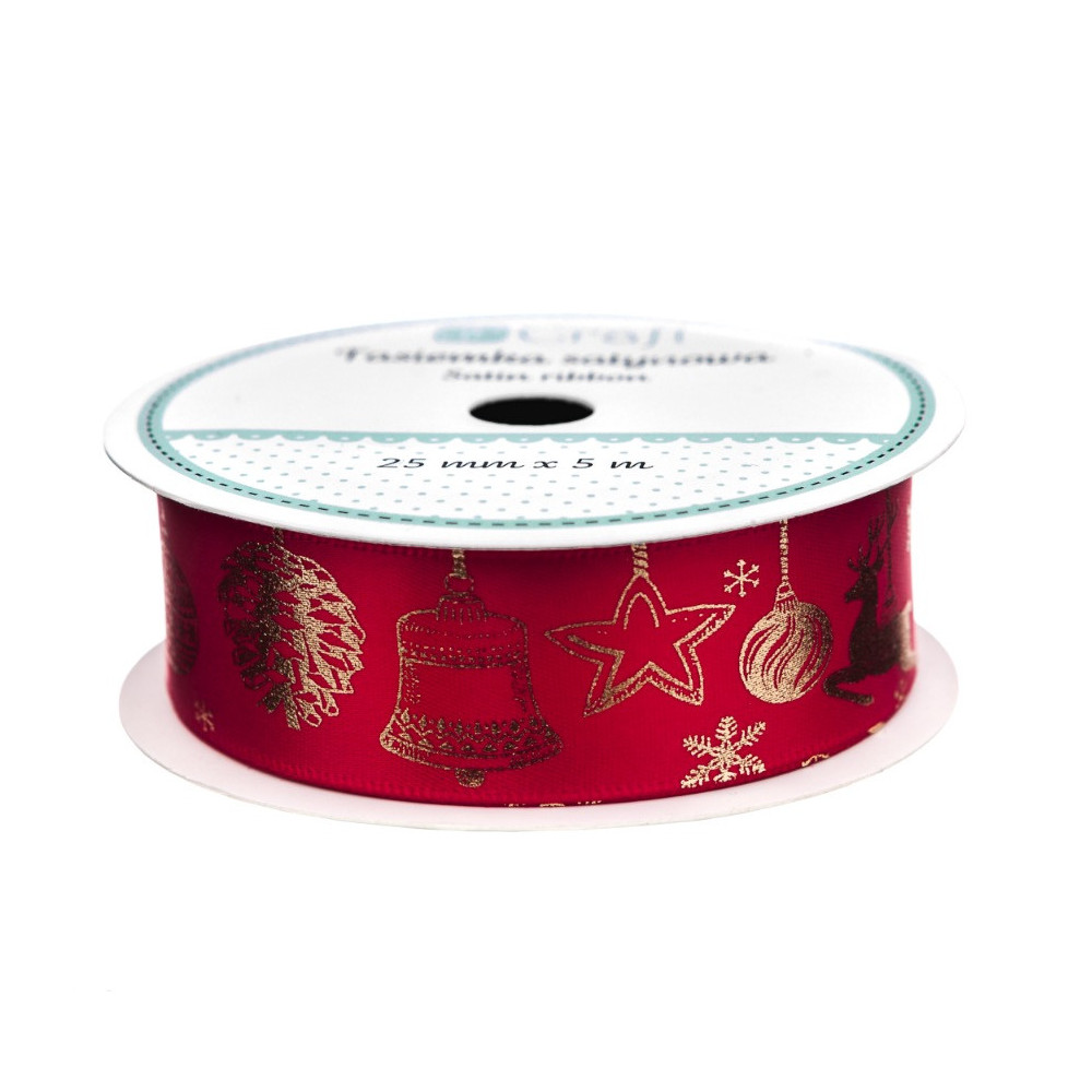 Decorative satine ribbon, Lovable Christmas - DpCraft - red, 25 mm x 5 m