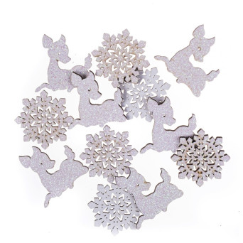 Wooden roe deer and snowflakes with glitter - DpCraft - white, 12 pcs.