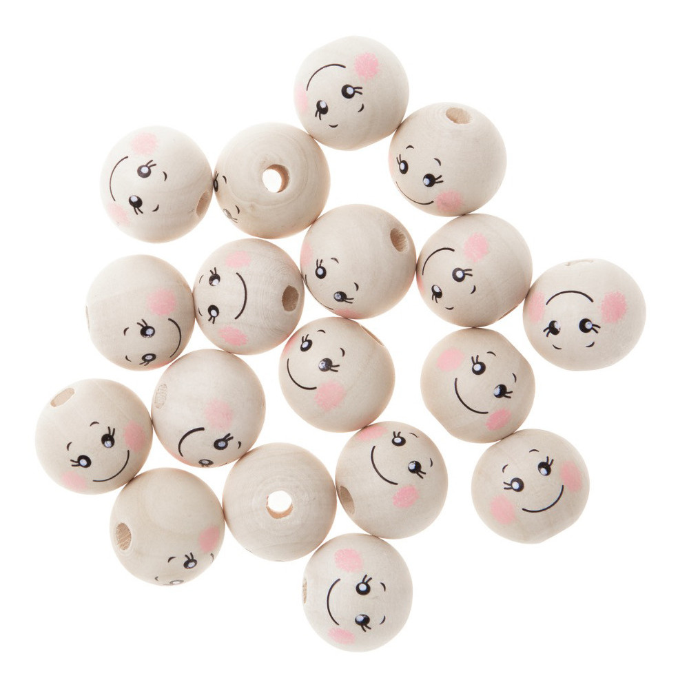 Wooden beads, faces - DpCraft - natural, 2 cm, 40 g
