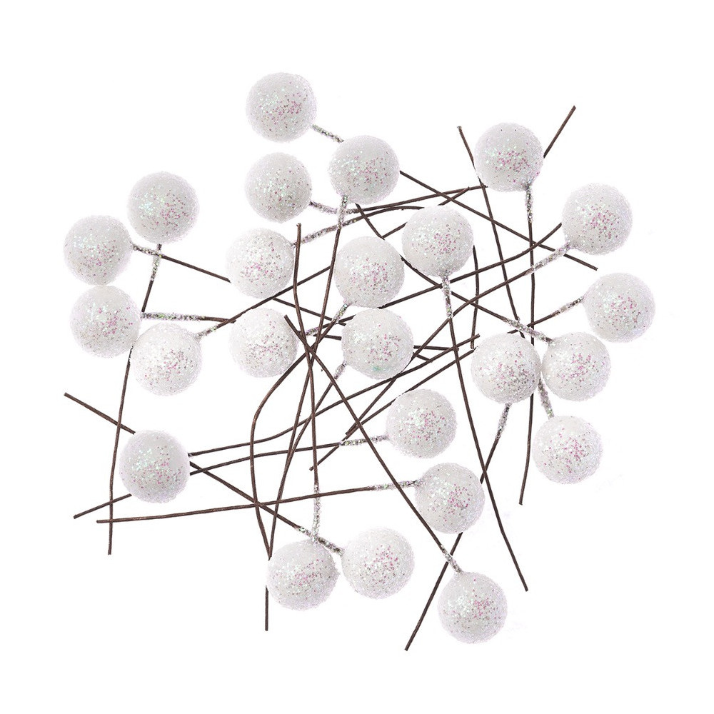 Owoce ostrokrzewu z brokatem - DpCraft - białe, 1,2 cm, 24 szt.