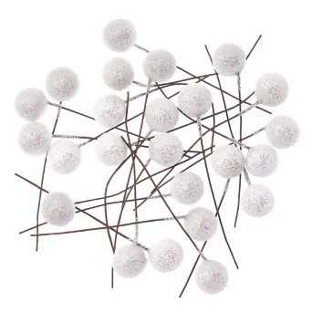 Holly fruits with glitter - DpCraft - white, 1,2 cm, 24 pcs.