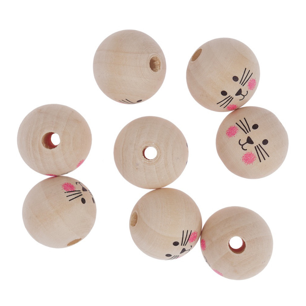 Koraliki drewniane kulki, Kocie buźki - DpCraft - naturalne, 3 cm, 8 szt.