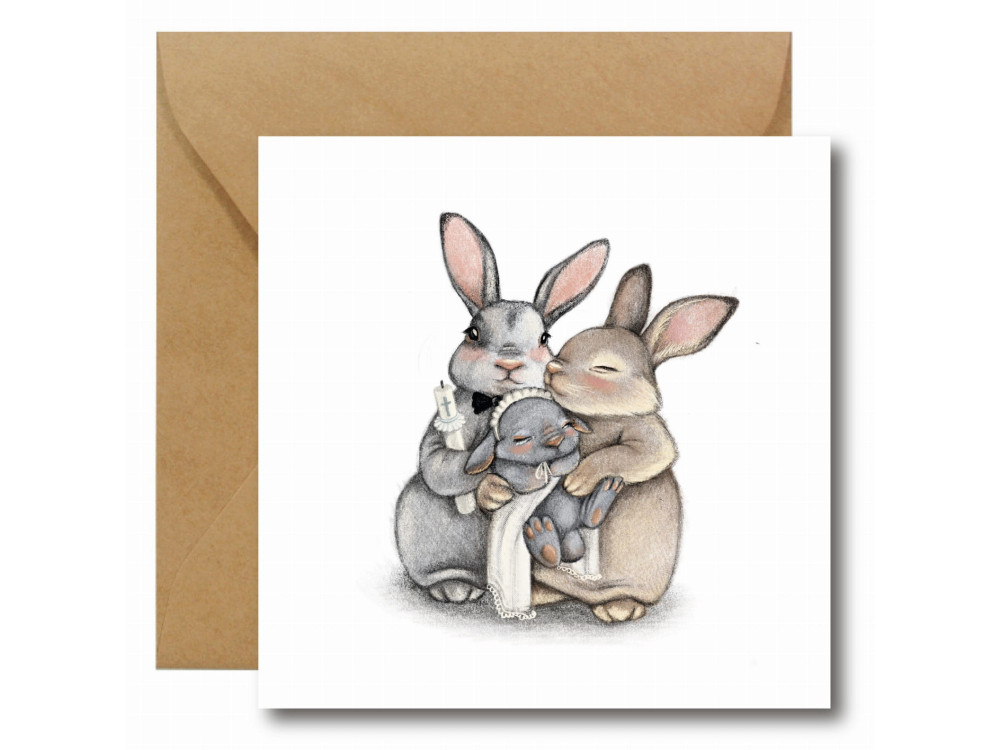 Greeting card - Hi Little - Baptism, rabbits, 14,5 x 14,5 cm