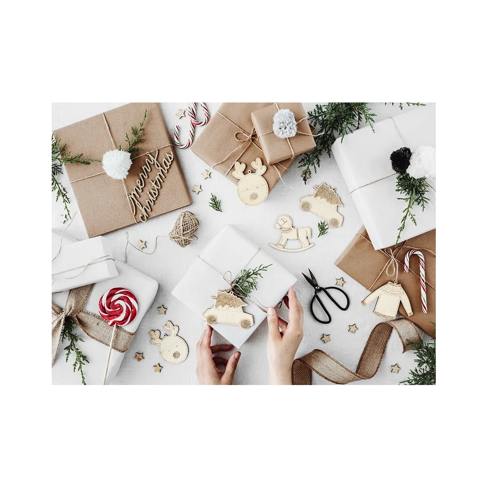 Wooden hanging decorations with glitter - gold, 10 pcs.