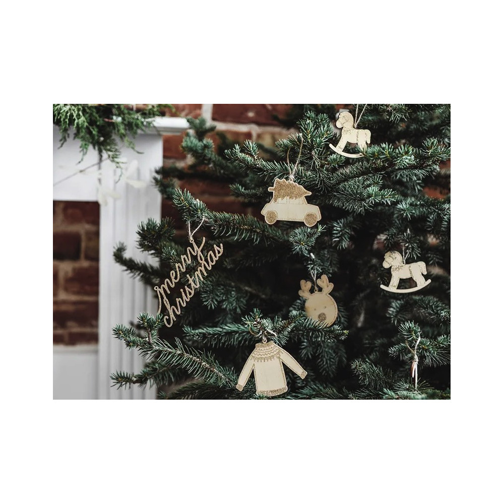 Wooden hanging decorations with glitter - gold, 10 pcs.