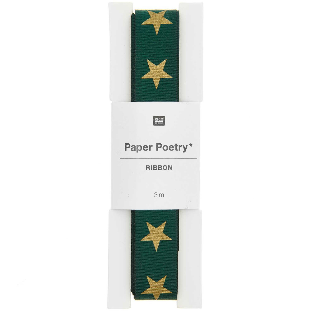 Taffeta ribbon, Stars - Paper Poetry - Green, 16 mm x 3 m