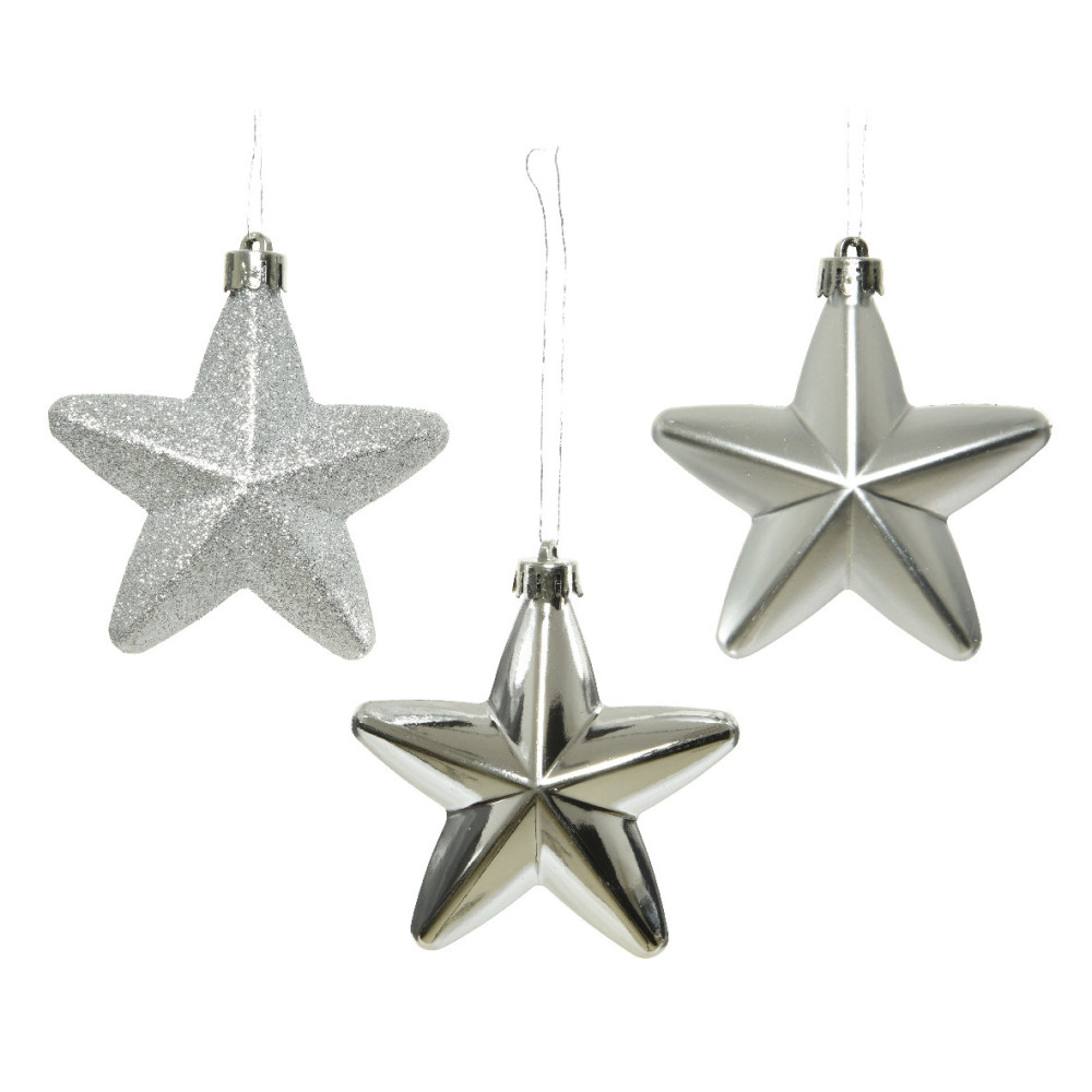 Shatterproof star baubles - silver, 7,5 cm, 6 pcs.