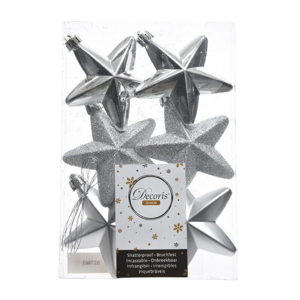 Shatterproof star baubles - silver, 7,5 cm, 6 pcs.