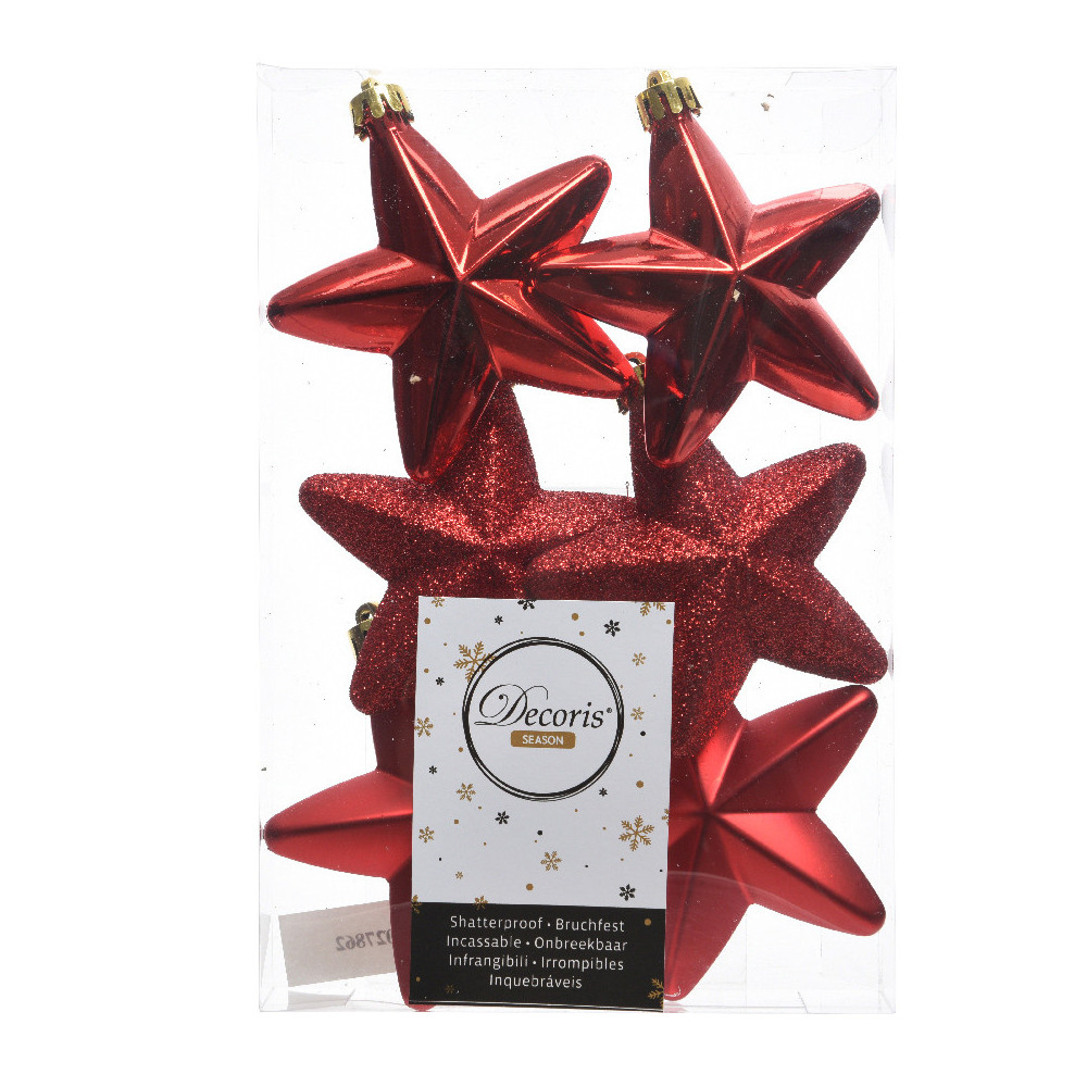 Shatterproof star baubles - red, 7,5 cm, 6 pcs.