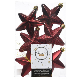 Shatterproof star baubles - bordeaux, 7,5 cm, 6 pcs.