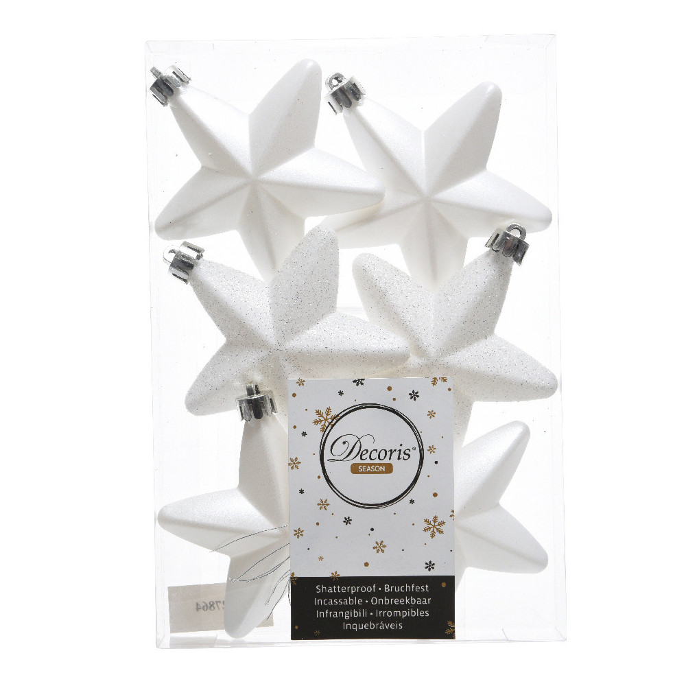 Shatterproof star baubles - white, 7,5 cm, 6 pcs.
