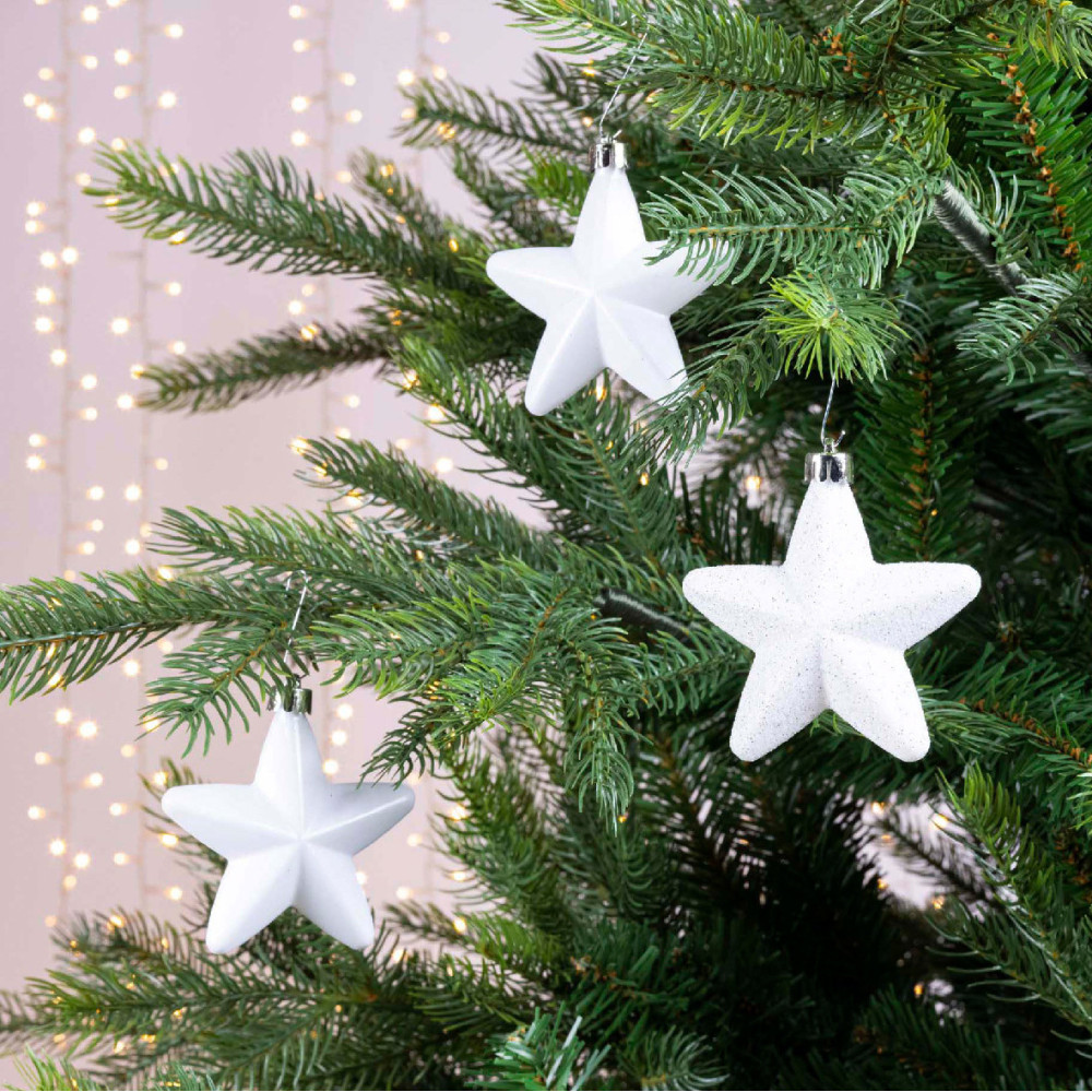 Shatterproof star baubles - white, 7,5 cm, 6 pcs.
