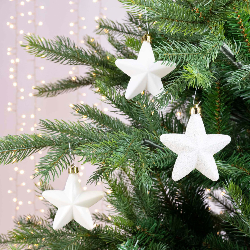 Shatterproof star baubles - wool white, 7,5 cm, 6 pcs.