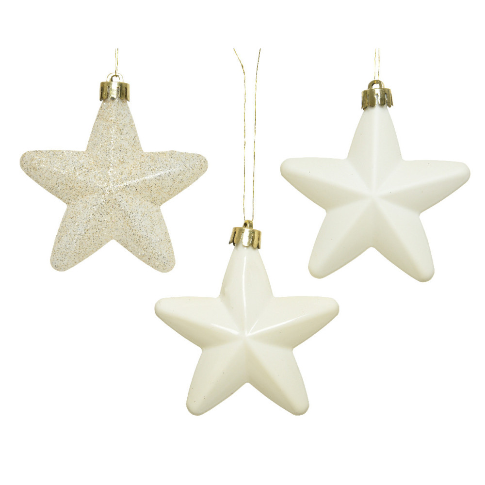 Shatterproof star baubles - wool white, 7,5 cm, 6 pcs.