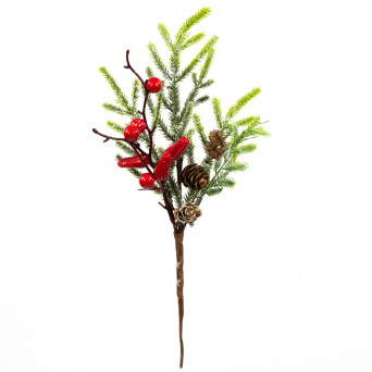 Christmas branch, red berries with pinecones - 27 cm