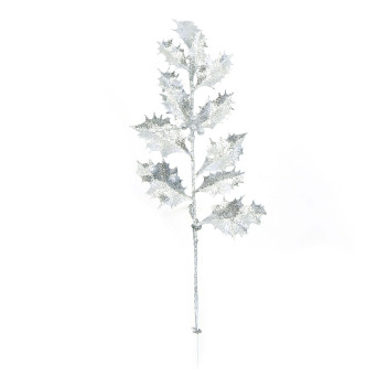 Gałązka świąteczna, ostrokrzew - srebrna, brokatowa, 30 cm