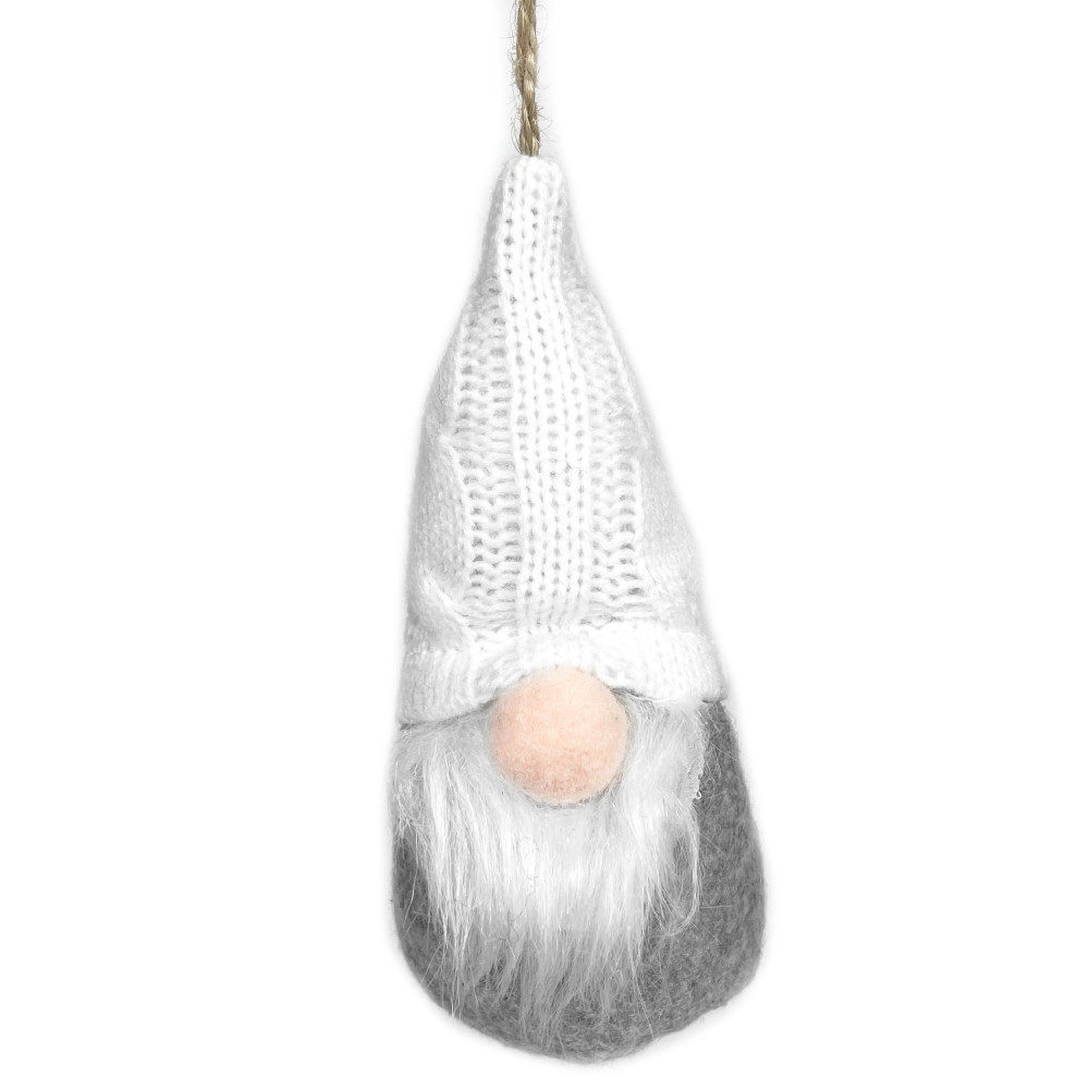 Skrzat świąteczny z wełnianą czapką, wiszący - biały, 15 cm