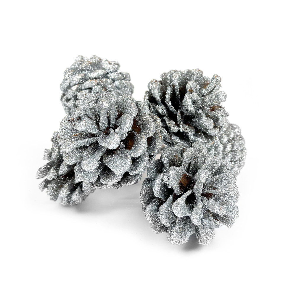 Szyszki z brokatem, wiązka - srebrne, 4 cm, 6 szt.