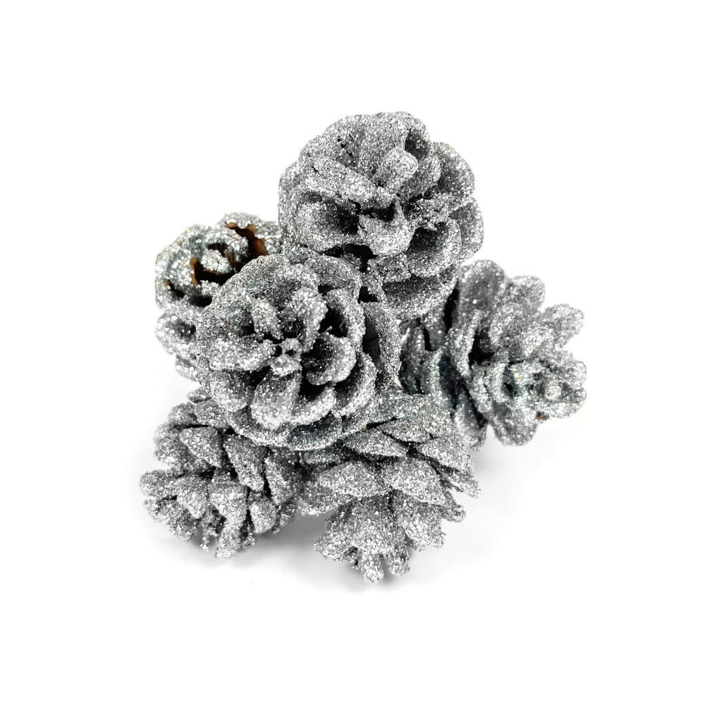 Decorative cones with glitter - silver, 4 cm, 6 pcs.