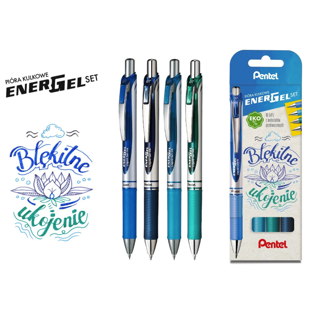 Zestaw piór kulkowych EnerGel - Pentel - Błękitne Ukojenie, 0,7 mm, 4 szt.