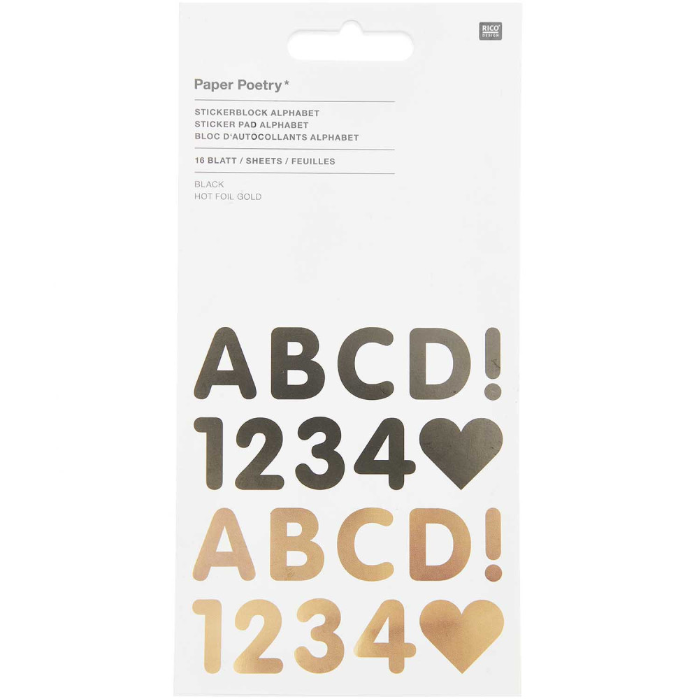 Sticker pad, Alphabet - Paper Poetry - Black & Gold, 16 sheets