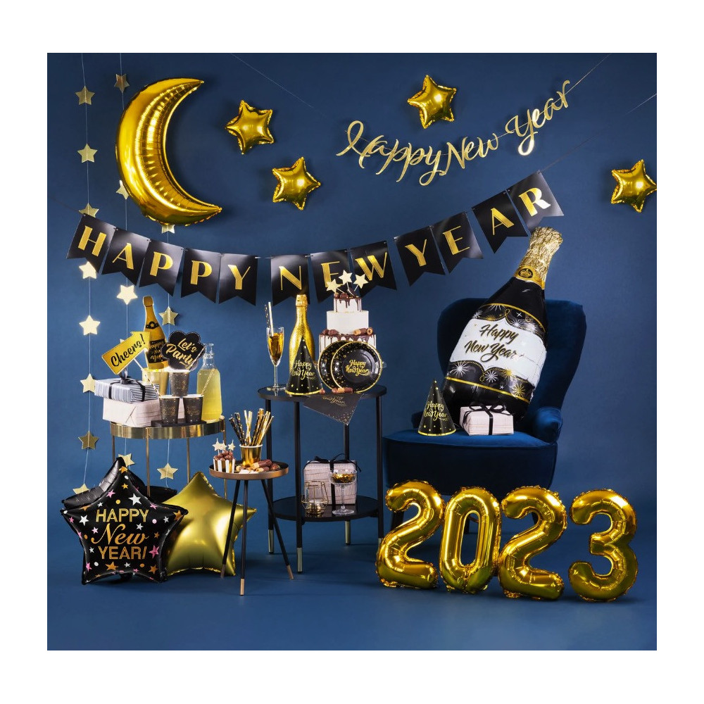 Foil balloon, Champagne Bottle Happy New Year - black, 39,5 x 98 cm