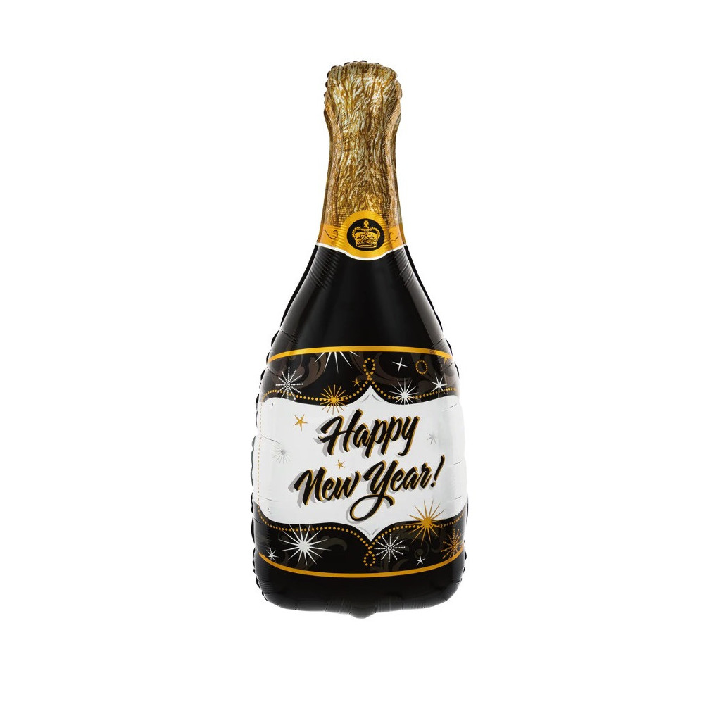 Foil balloon, Champagne Bottle Happy New Year - black, 39,5 x 98 cm