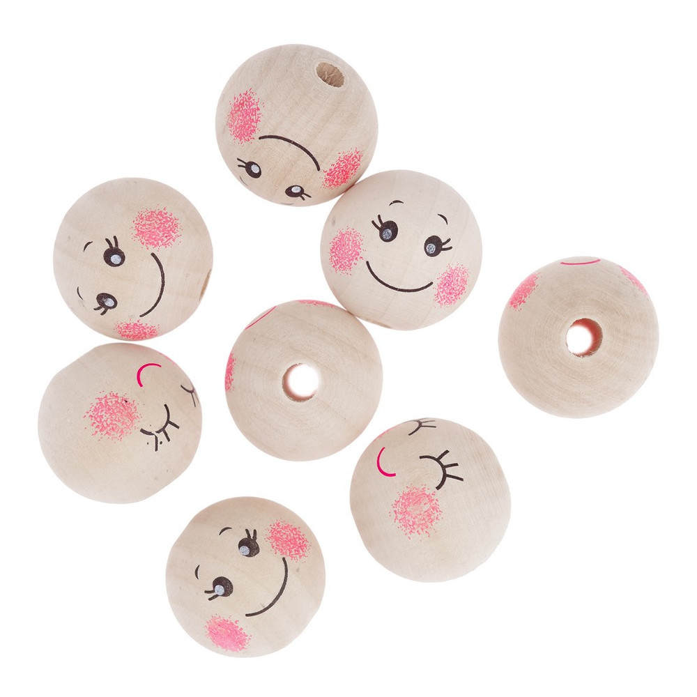 Wooden beads, faces - DpCraft - natural, 3 cm, 8 pcs.