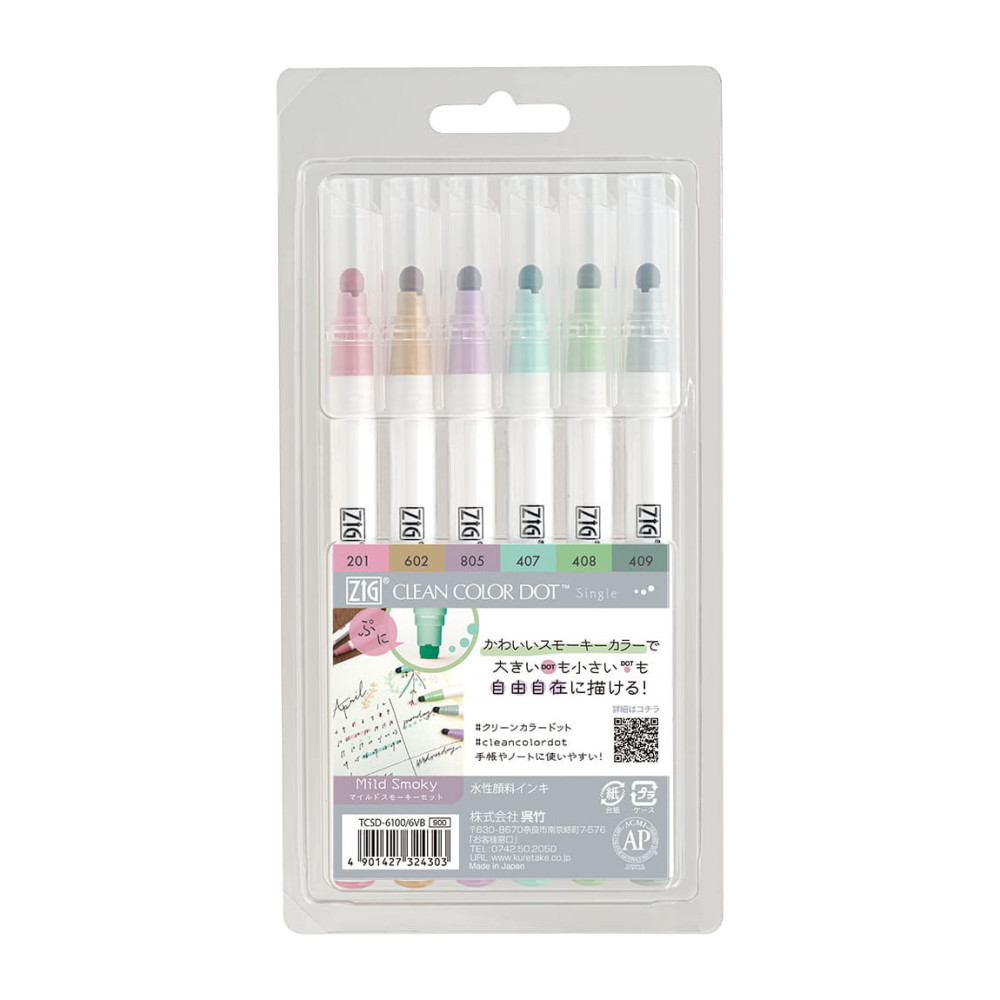 Set of Zig Clean Color Dot pens - Kuretake - Mild Smoky, 6 colors