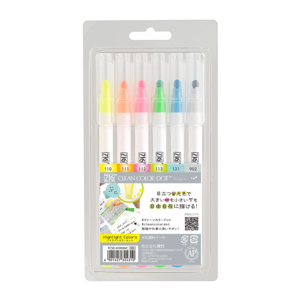 Zestaw pisaków Zig Clean Color Dot - Kuretake - Highlight, 6 kolorów