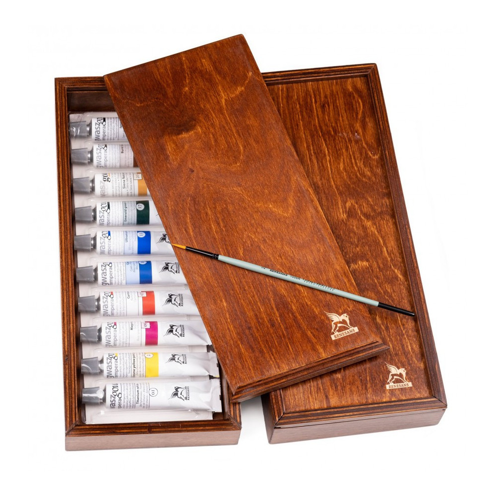 Set of gouache paints in wooden box - Renesans - 10 pcs. x 20 ml