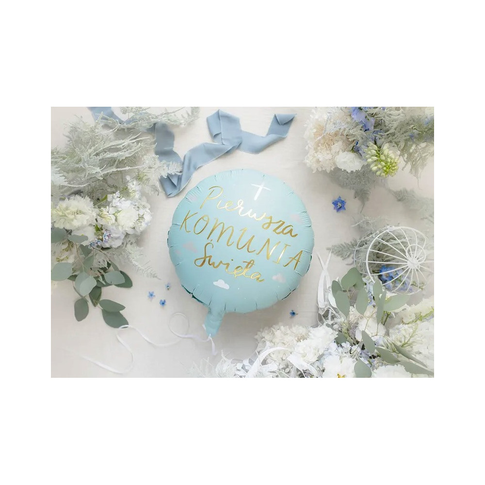 Foil balloon, Pierwsza Komunia Święta - blue, 45 cm